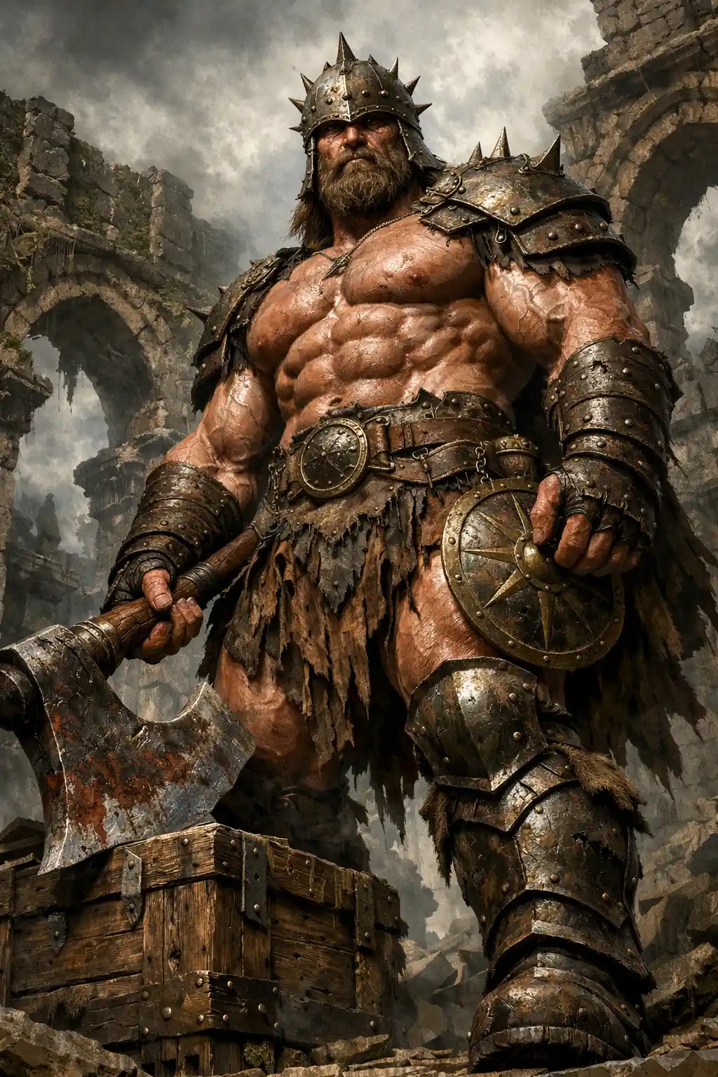 Colossal armored warrior in ancient ruined stone courtyard