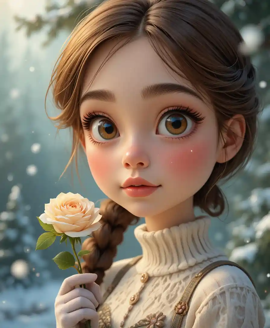 Young girl holding a white rose in snowy cartoon forest