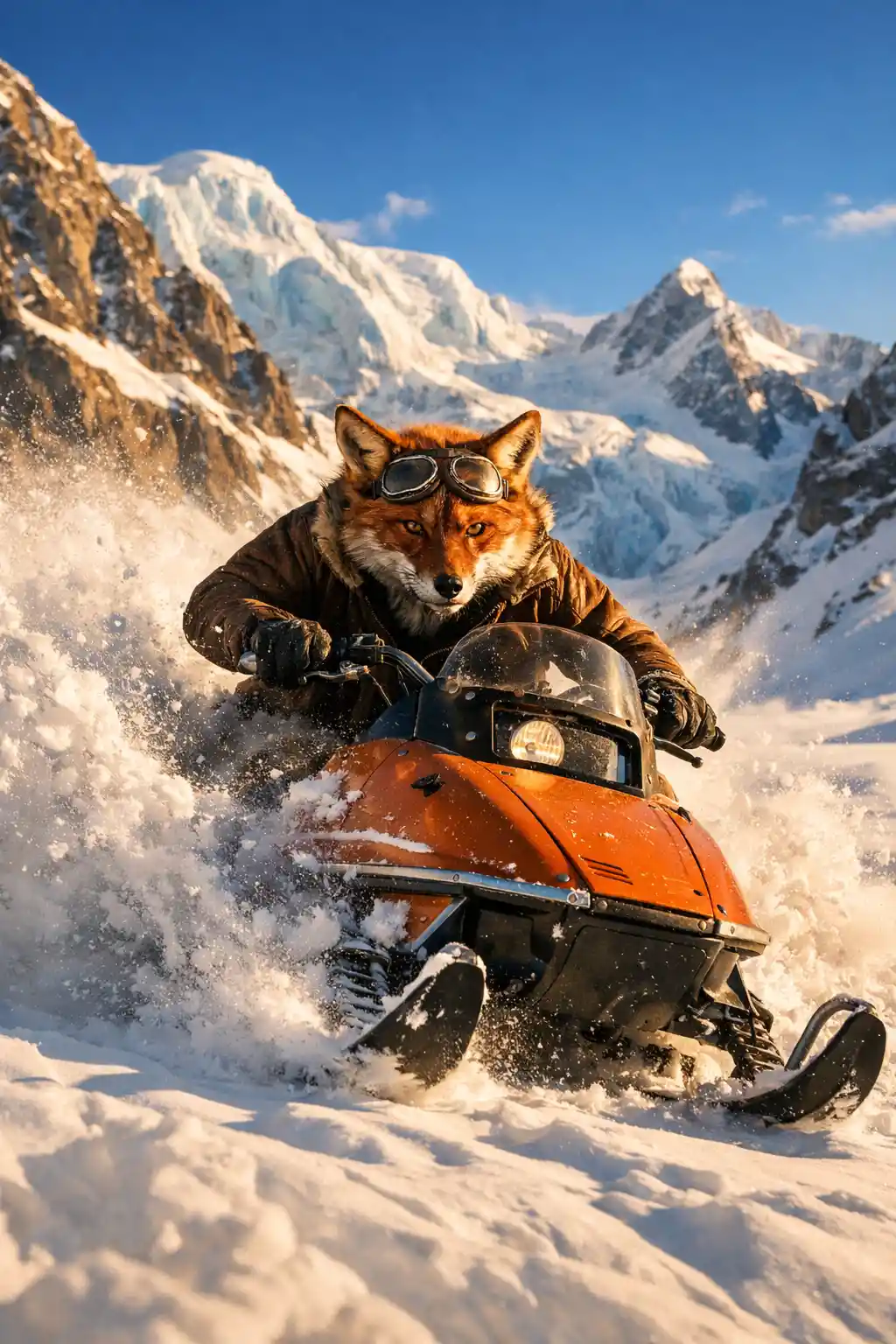 Anthropomorpher Fuchs fährt Schneemobil im Gebirgspass