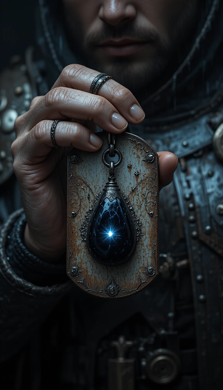 Veteran knight clutching a dark obsidian dog tag pendant