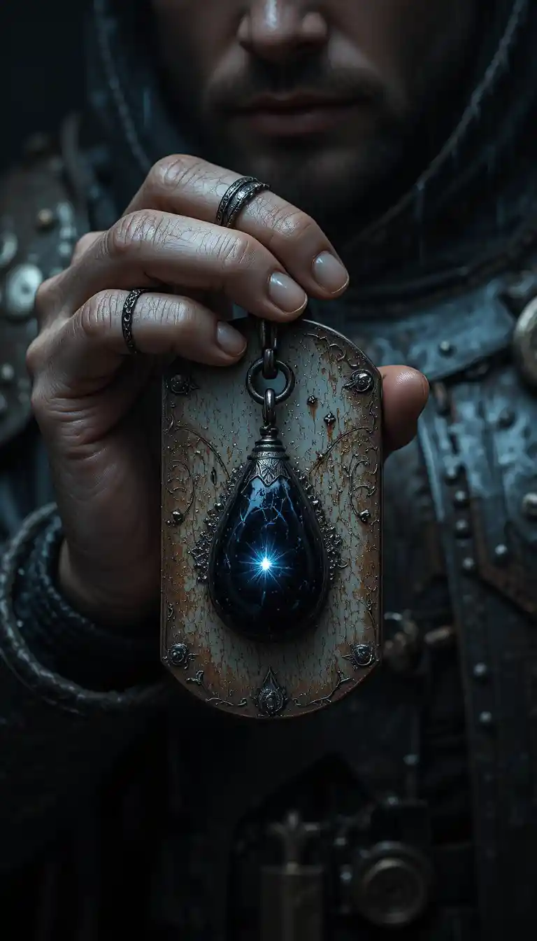 Veteranenritter, der ein dunkles Hundemarken-Amulett aus Obsidian umklammert