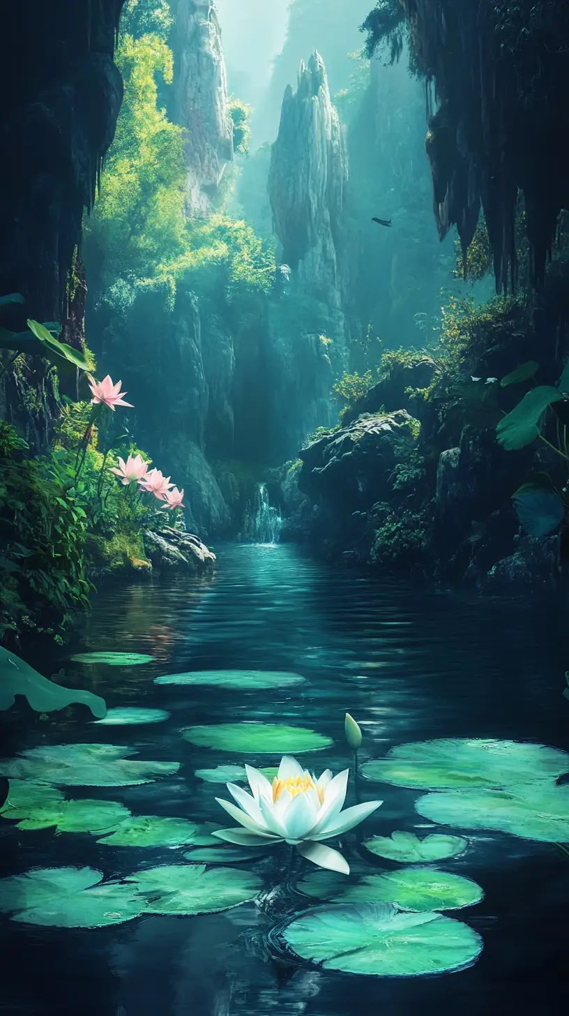 從奇幻池塘升起的神祕青綠寂靜