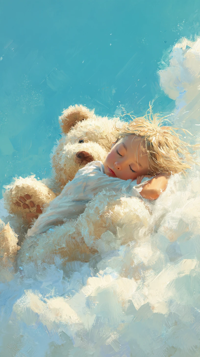 Little girl sleeping on a cloud with her teddy bear