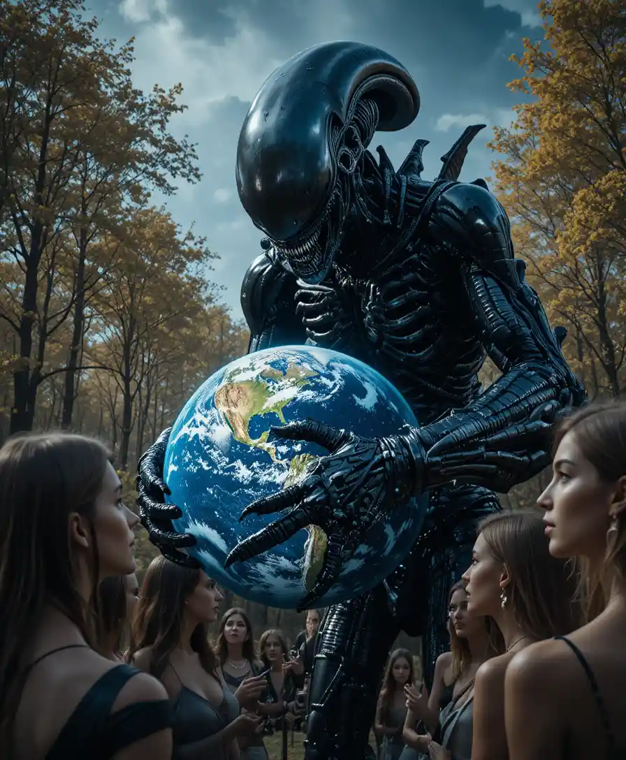 De jeunes femmes fixent, sous le choc, une immense créature extraterrestre