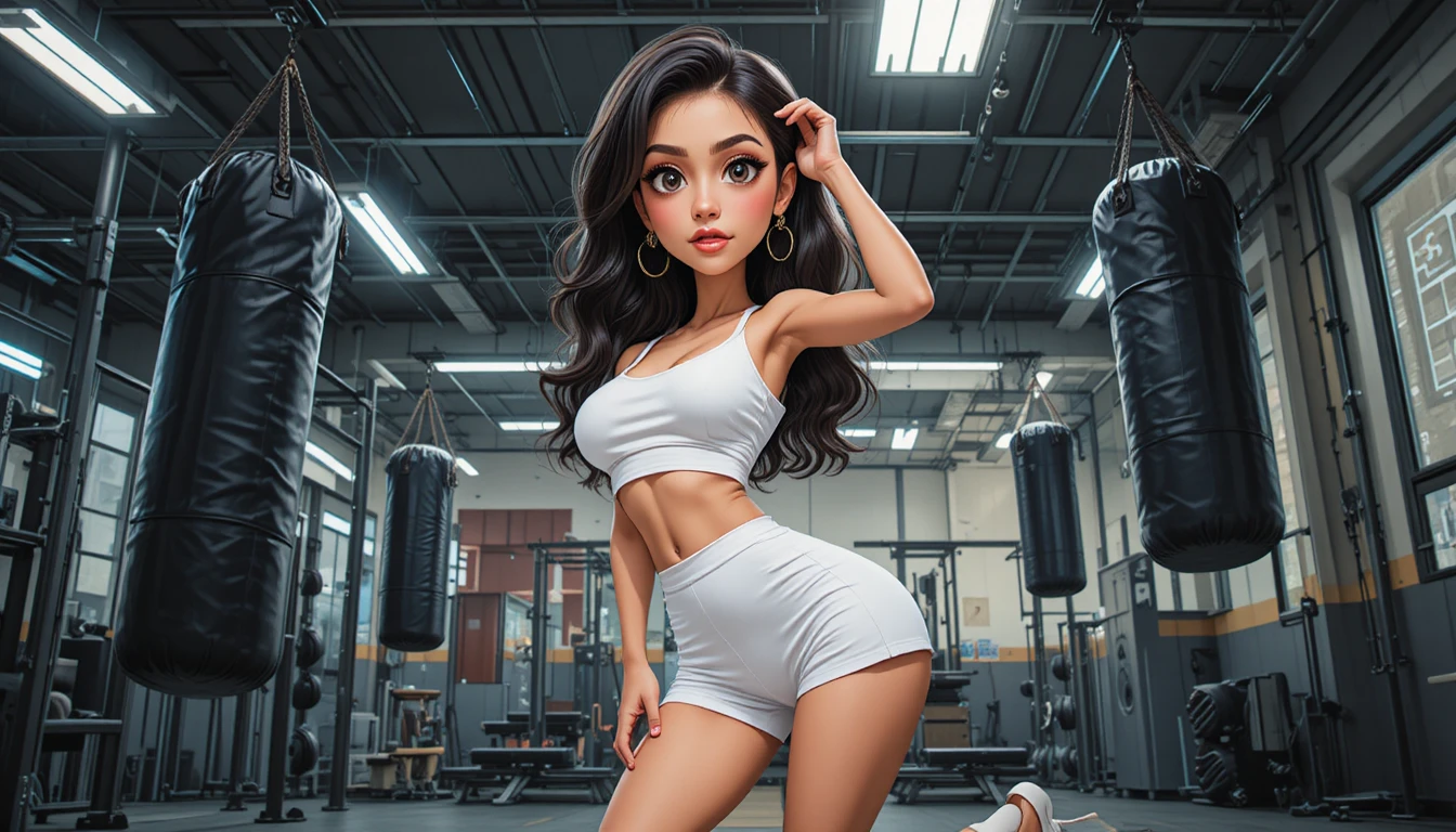 Woman posing in gym wearing crop top and high heels