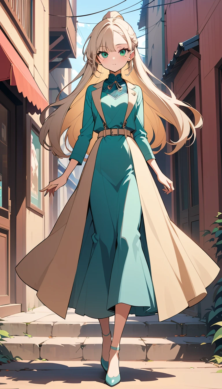 Elegante donna in stile anime in piedi all’aperto alla luce intensa del sole
