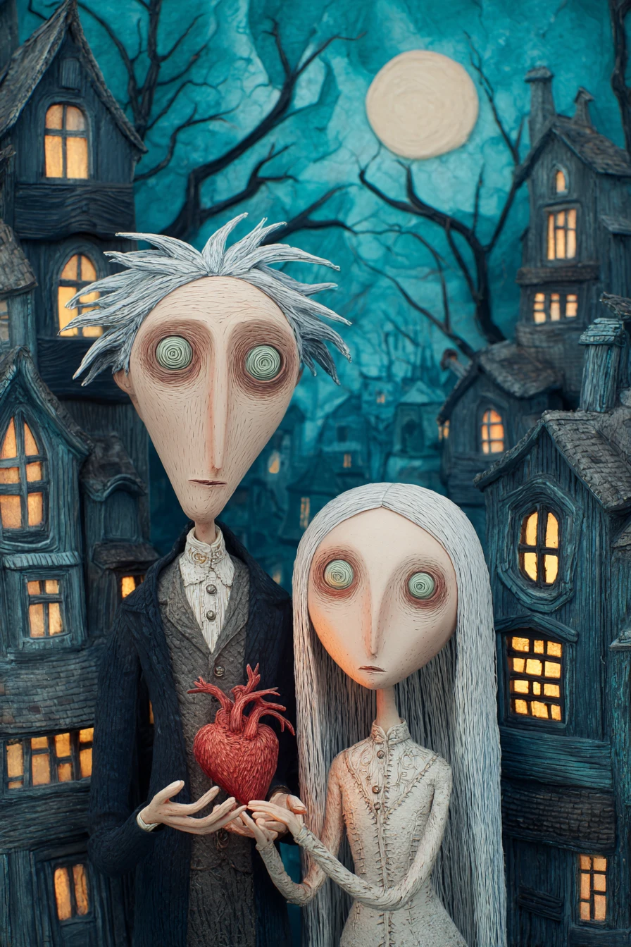 Whimsical gothic couple conjuring hearts under full moon