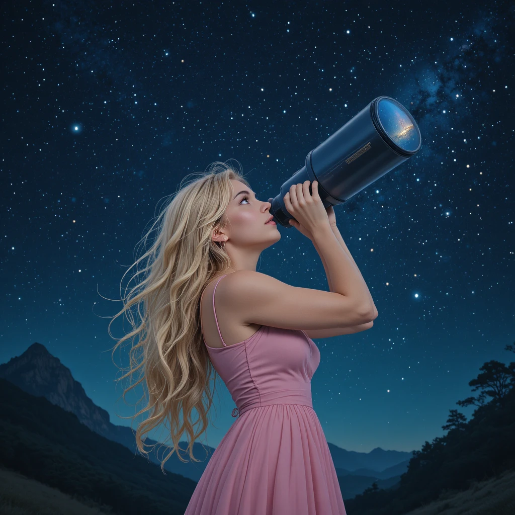 Femme blonde en robe rose observant les étoiles avec un télescope
