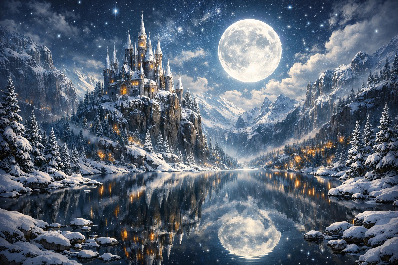 Castelo de fantasia majestoso e nevado sob uma lua cheia luminosa