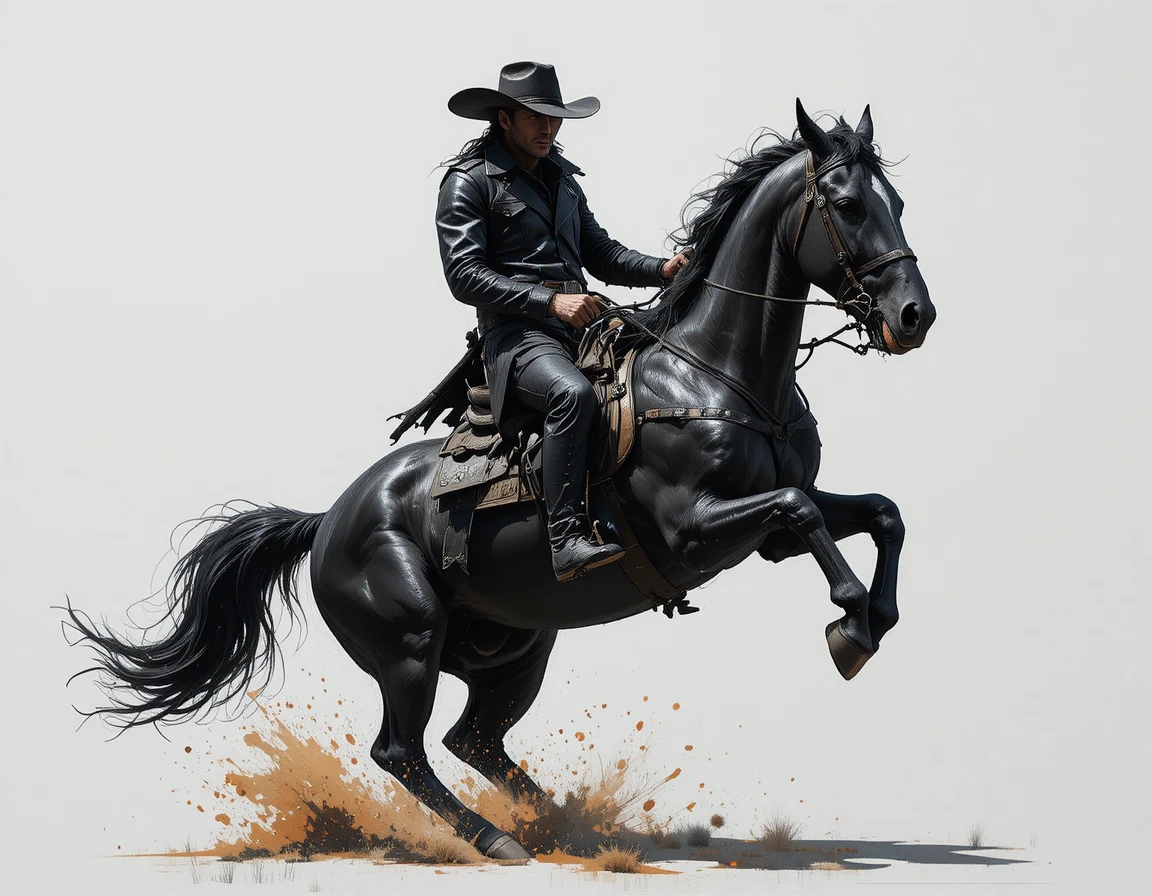 Cowboy de preto em cavalo empinado contra fundo branco