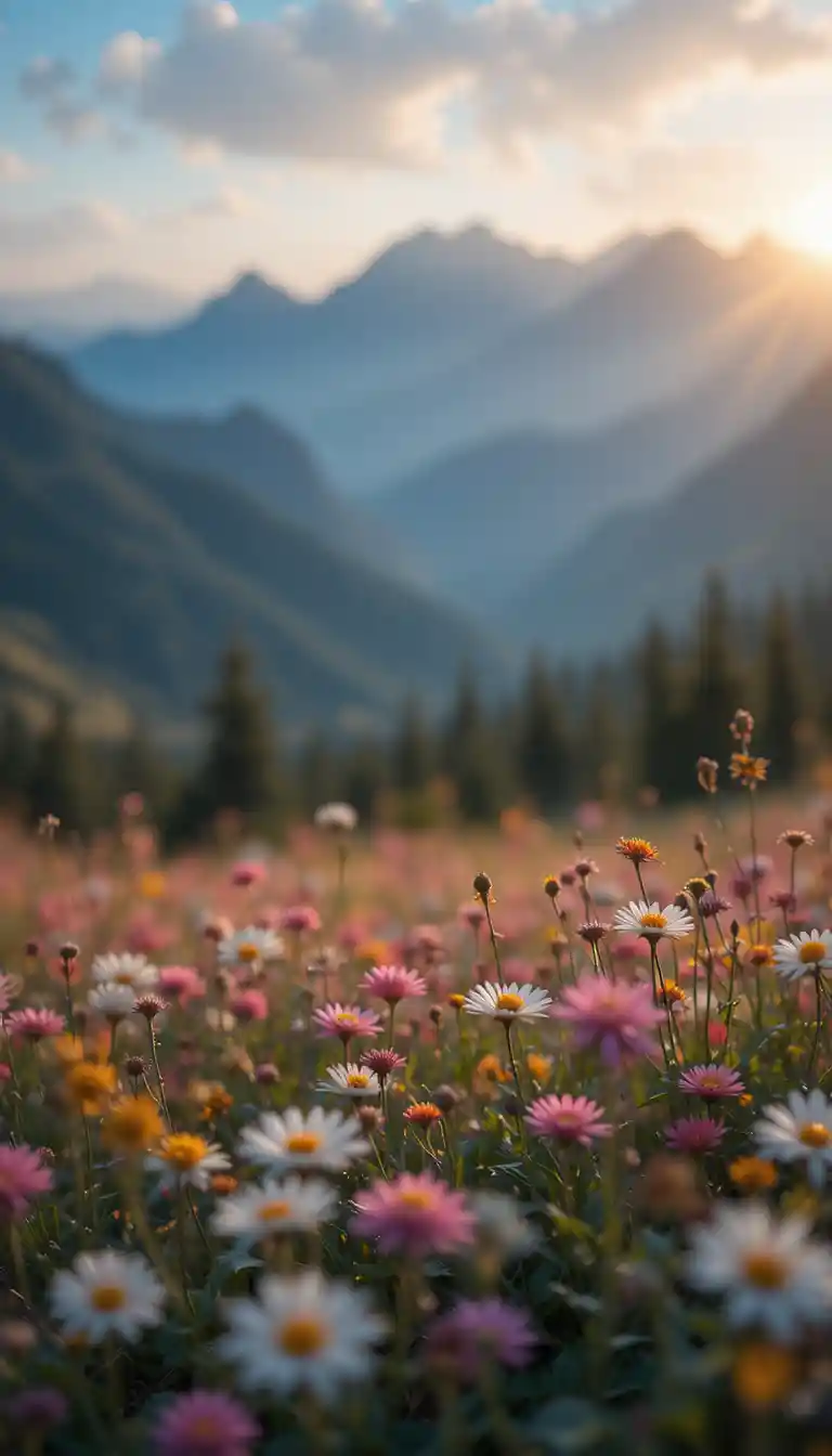 Defocused flower field in warm morning mountain landscape