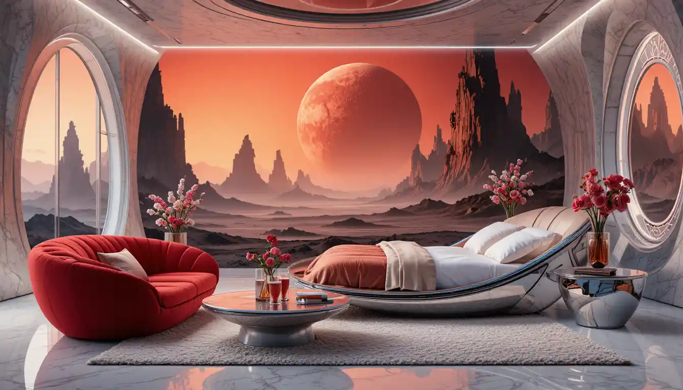 Futuristic living room with red sofa and alien landscape wall
