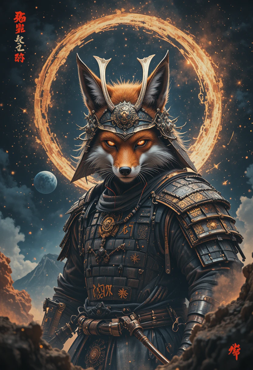 Volpe samurai antropomorfa che fluttua nel profondo spazio
