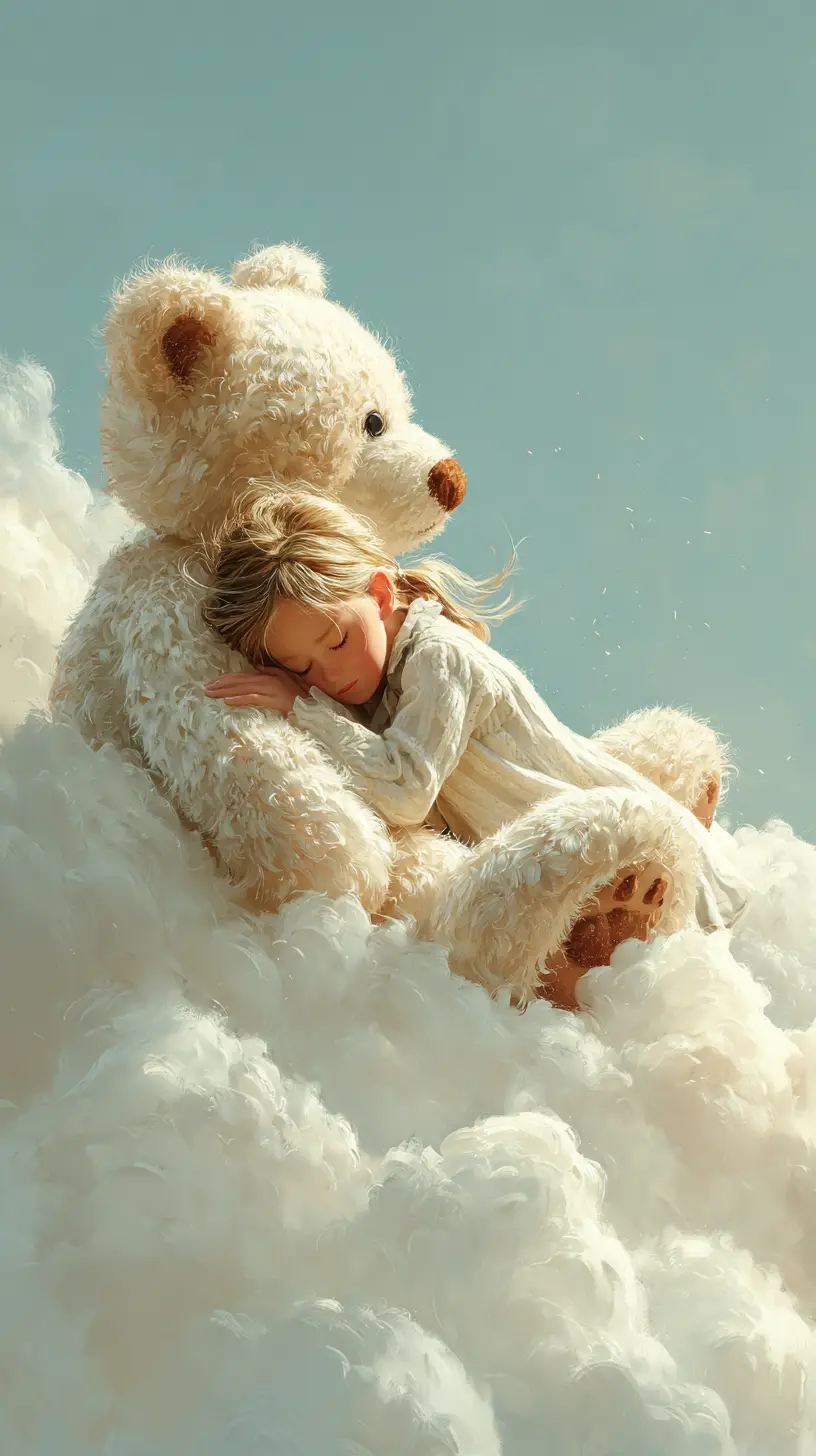 Sleeping girl and teddy bear on glowing cloud