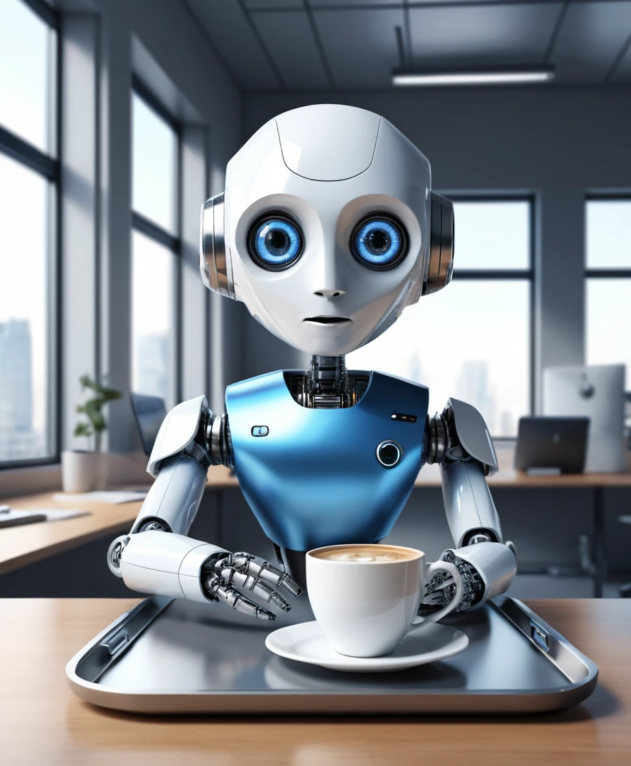 Garçom robô fofo voando por um escritório futurista e iluminado