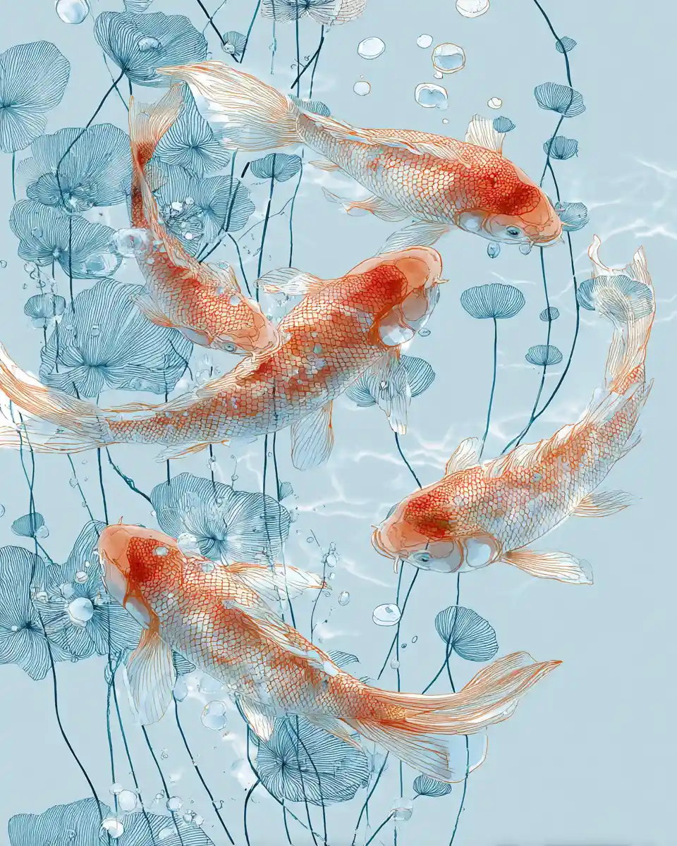 Eleganti koi che nuotano sotto un tranquillo stagno di inizio estate
