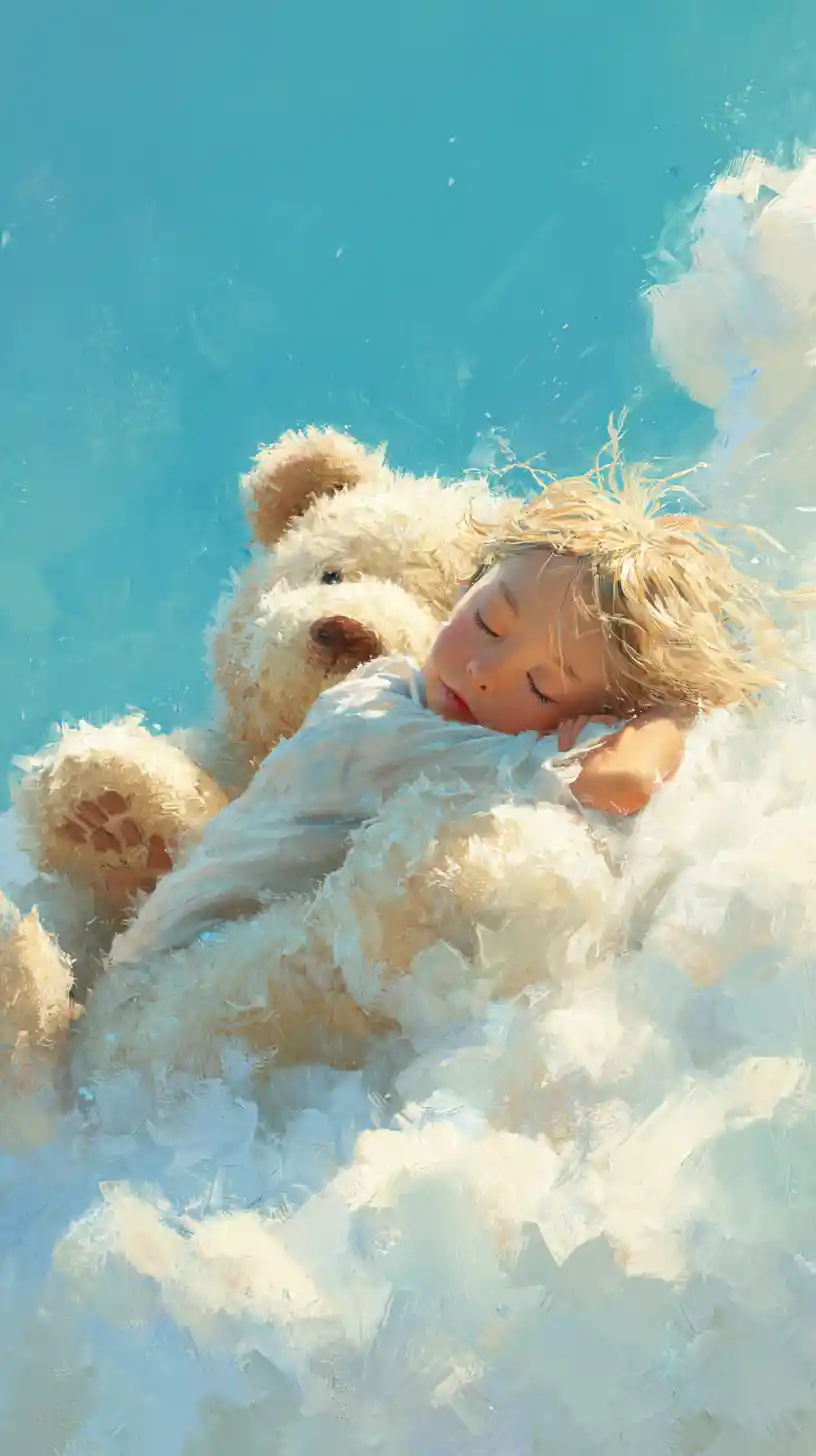 Little girl sleeping on a cloud with her teddy bear