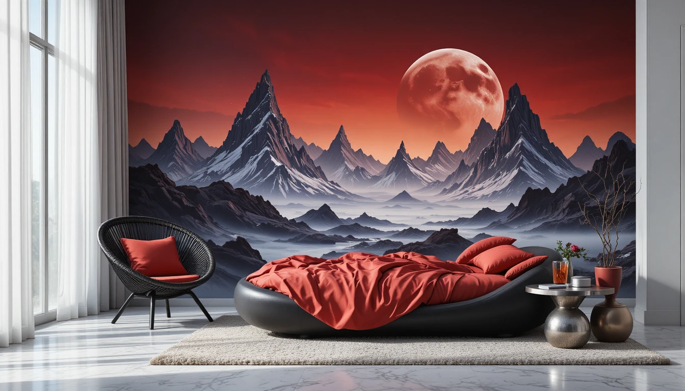 Schwarzer Stuhl und rotes Kissen vor mondbeschienener Bergtapete