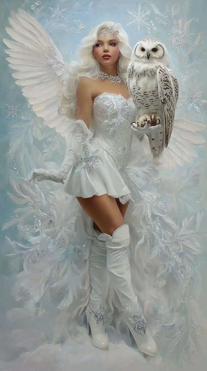 Diamond painting fata del ghiaccio con gufo delle nevi compagno