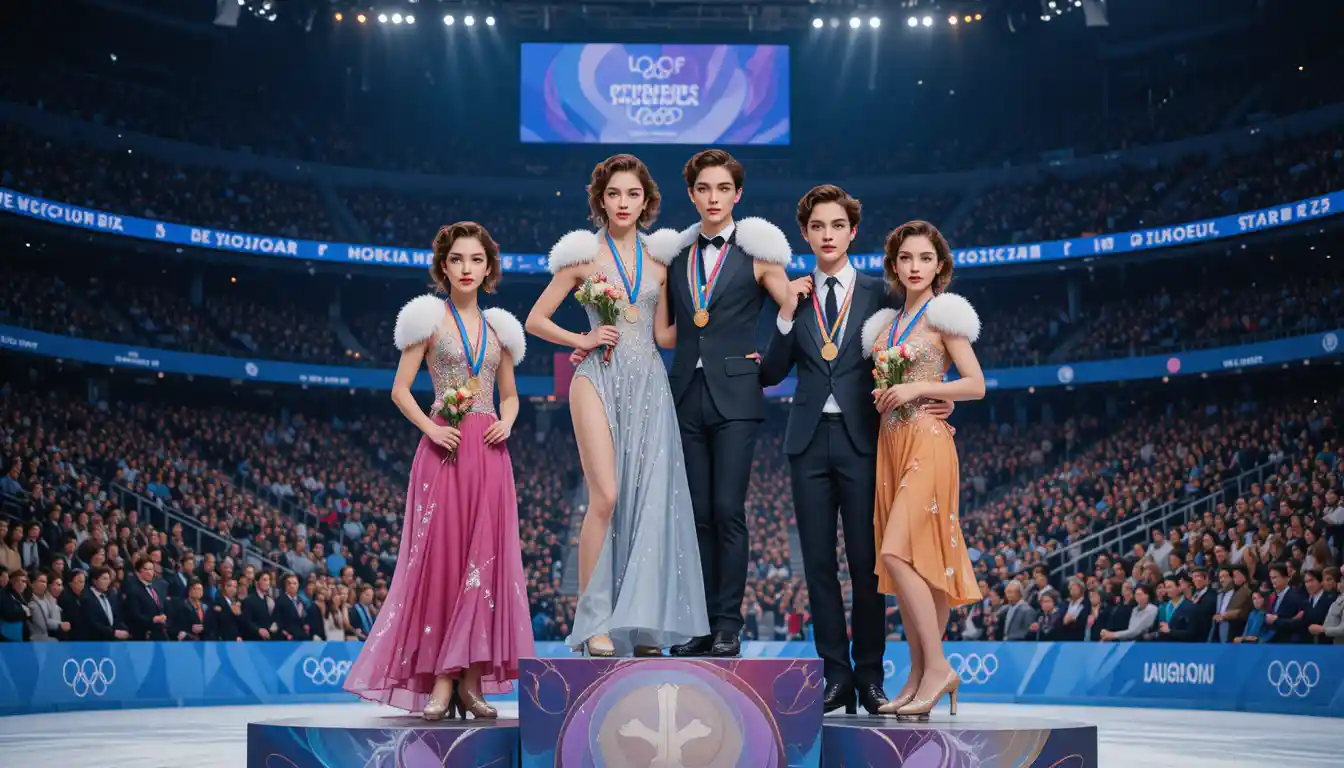 Figure skaters celebrating on an olympic medal podium