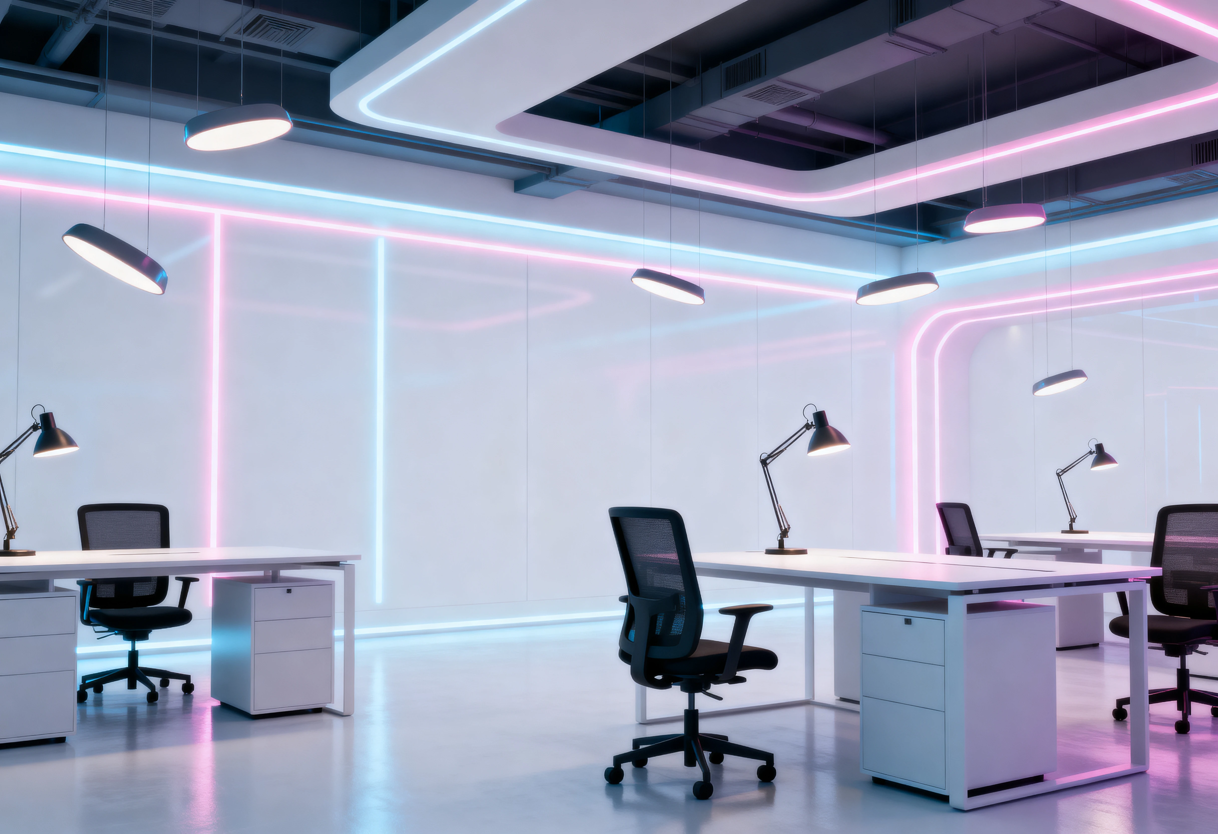 Ufficio minimalista futuristico con scrivanie e sedie fluttuanti
