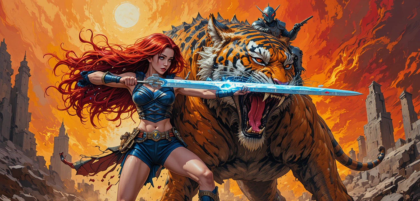 Red haired warrior clashes with giant tiger in ruins