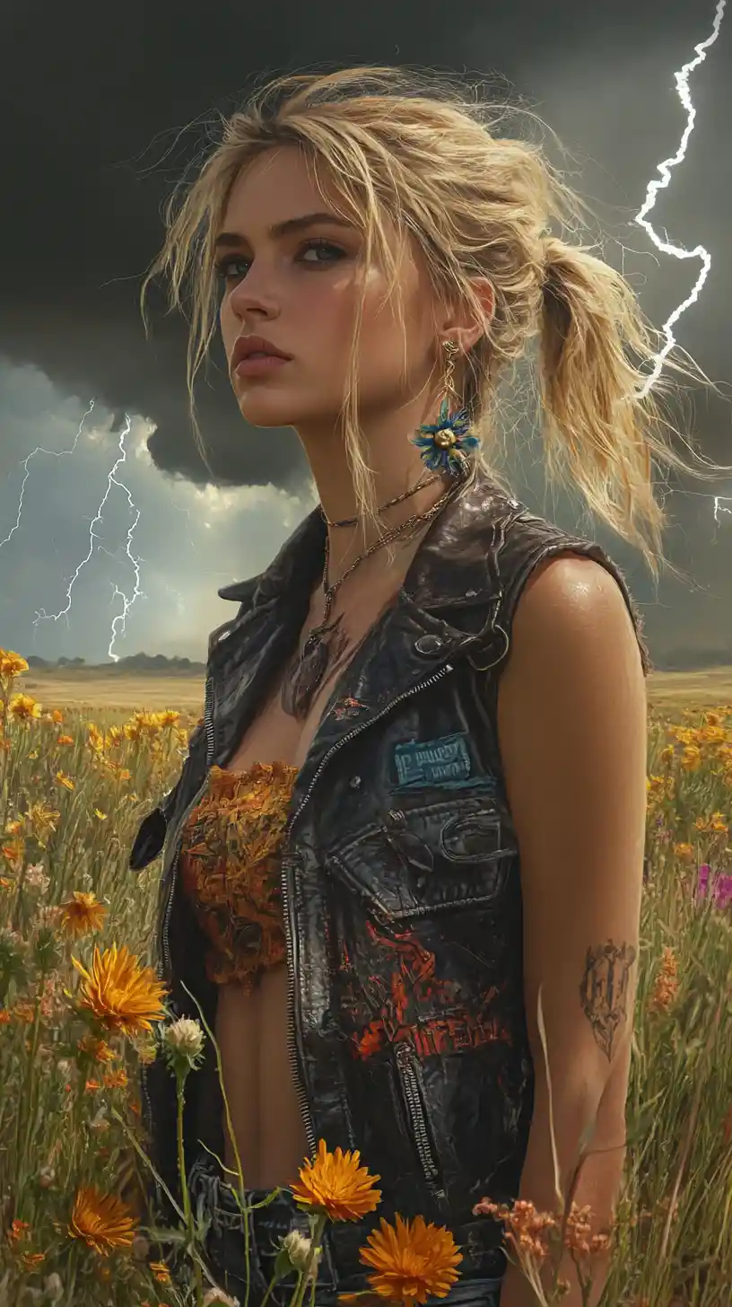 Fantasy portrait of a blonde warrior woman on a stormy prairie