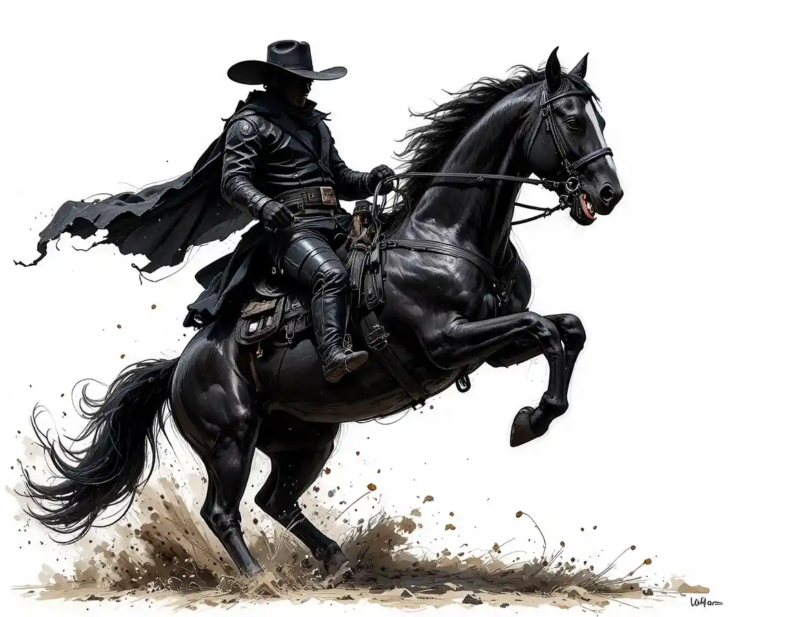 Cowboy In Black Leather Riding A Rearing Black Horse
