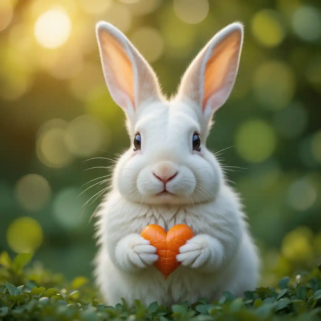Conejo blanco sosteniendo una zanahoria en forma de corazón de cerca