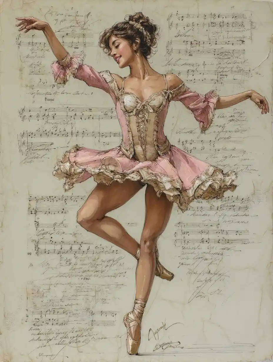 Silhueta de bailarina em aquarela dançando sobre papel de música vintage