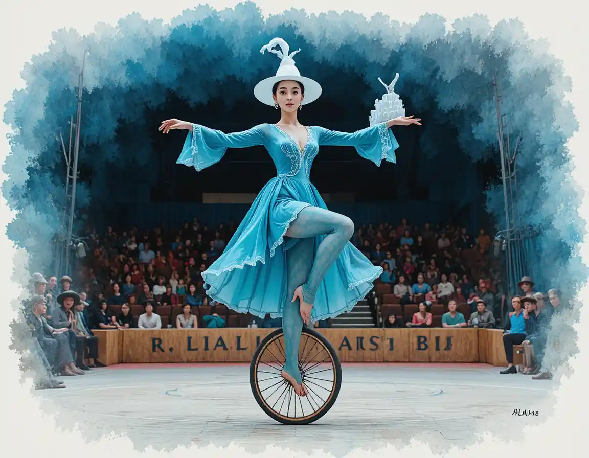 Asian woman balancing on unicycle in indoor gym show