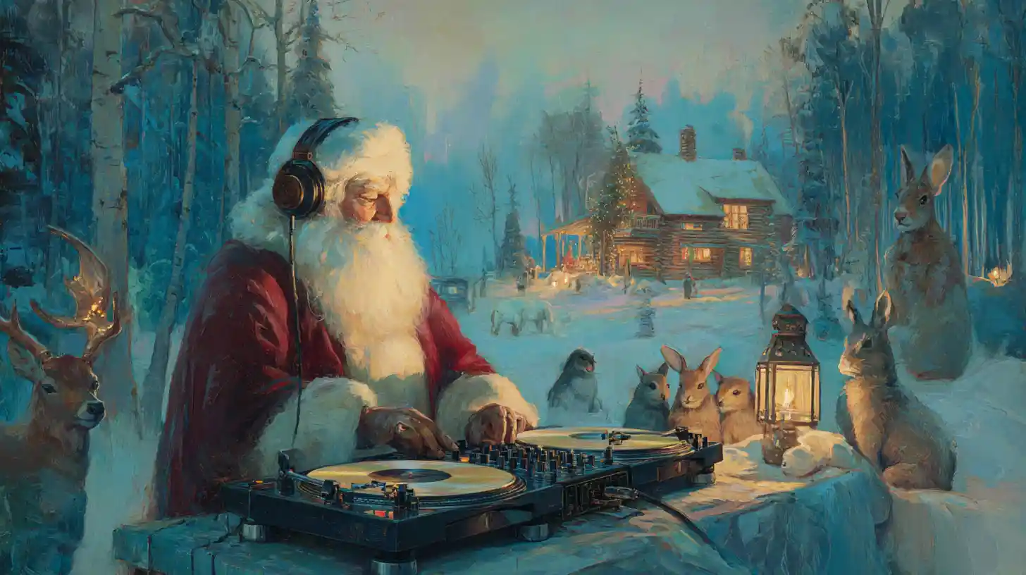 Rustic Santa Claus DJ In A Snowy Forest Painting