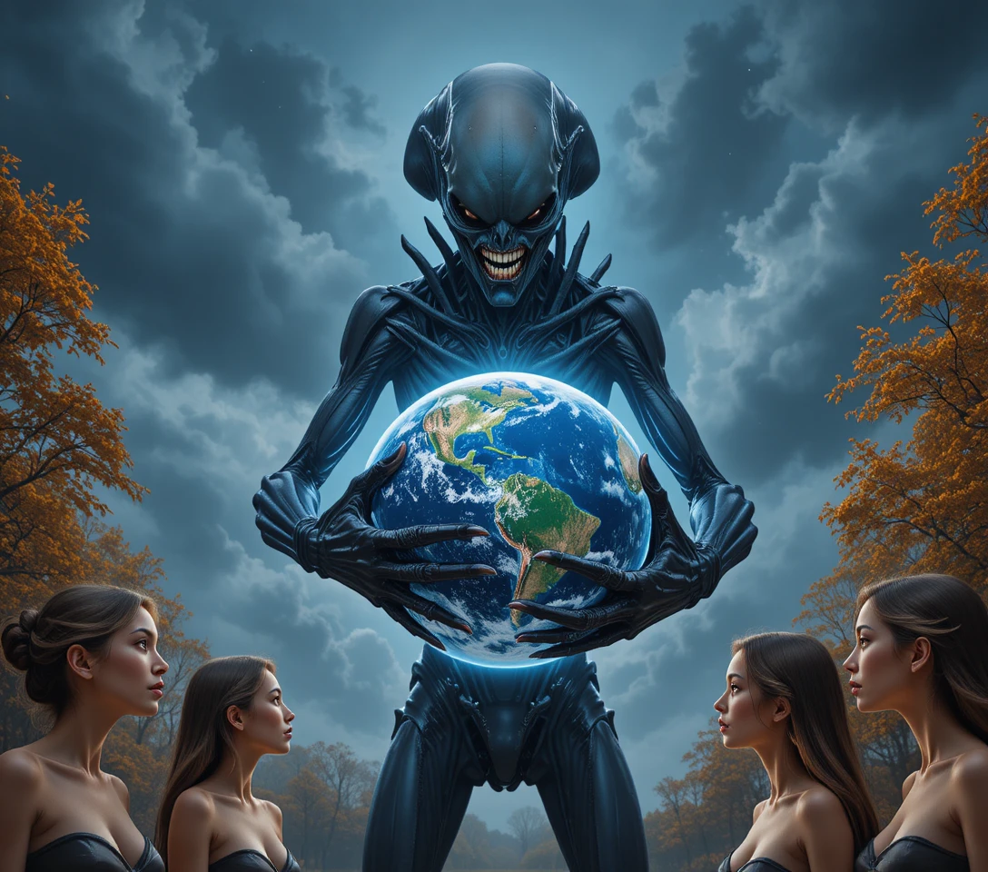 黑暗外太空中俯視地球的外星生物