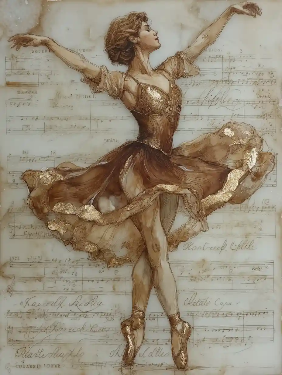Anmutige Ballerina-Silhouette in sanfter Aquarelloptik auf Notenpapier