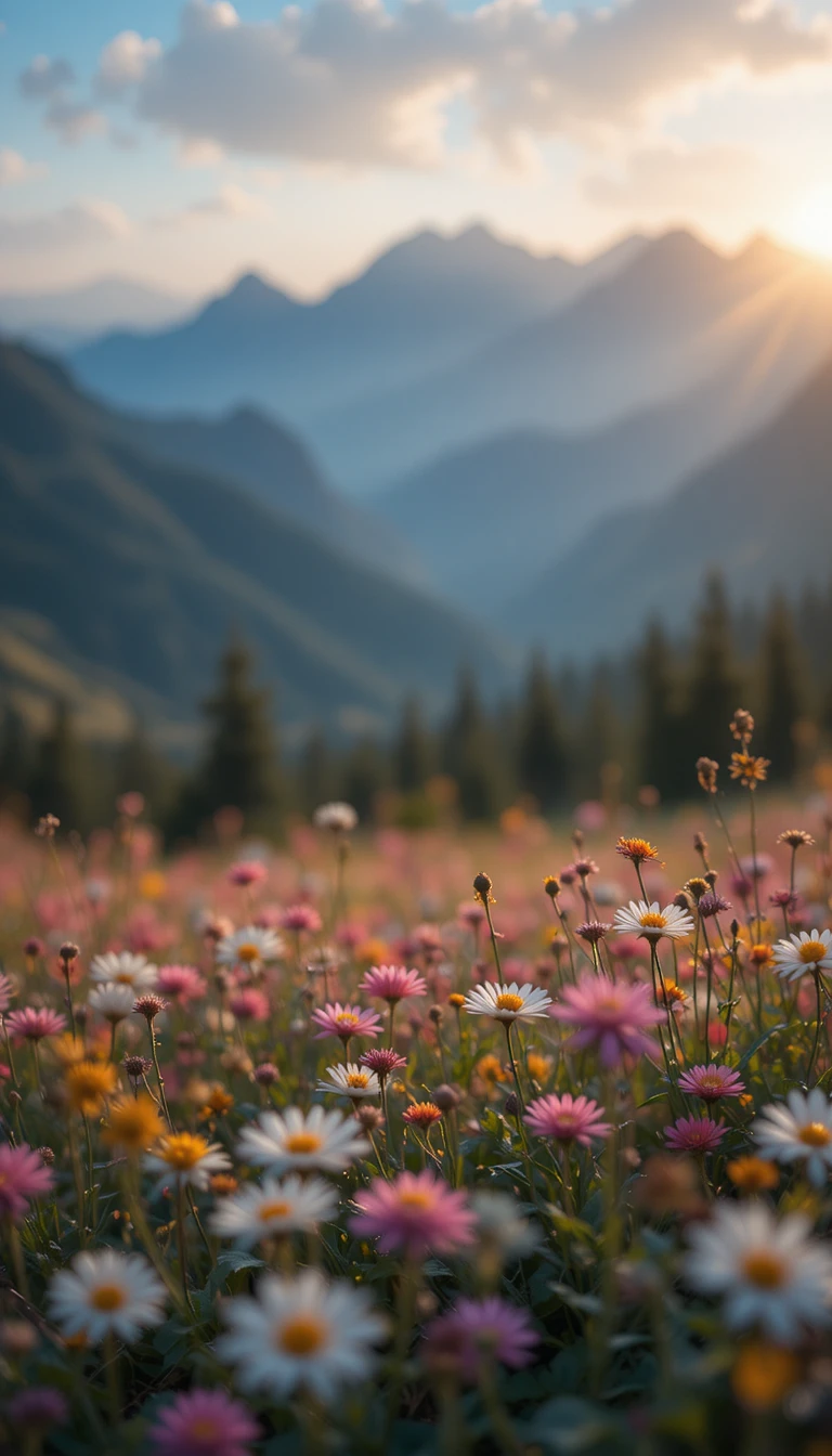 Defocused flower field in warm morning mountain landscape