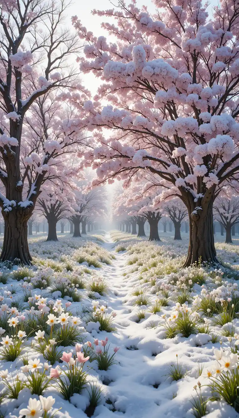 魔幻春冬景色中的櫻花與白雪