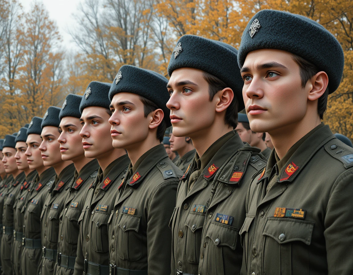 Jovens soldados de uniforme verde em formação solene