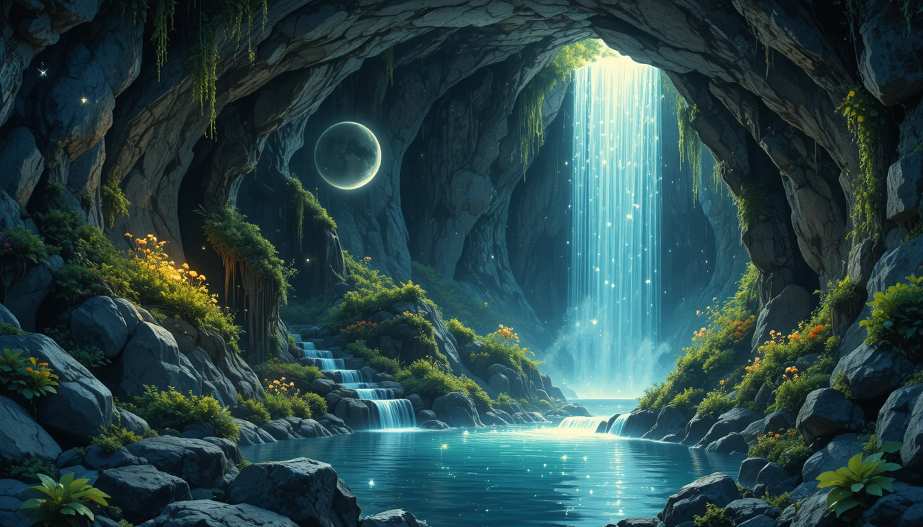 Grotta Incantata con Cascata e Flora Magica Luminescente