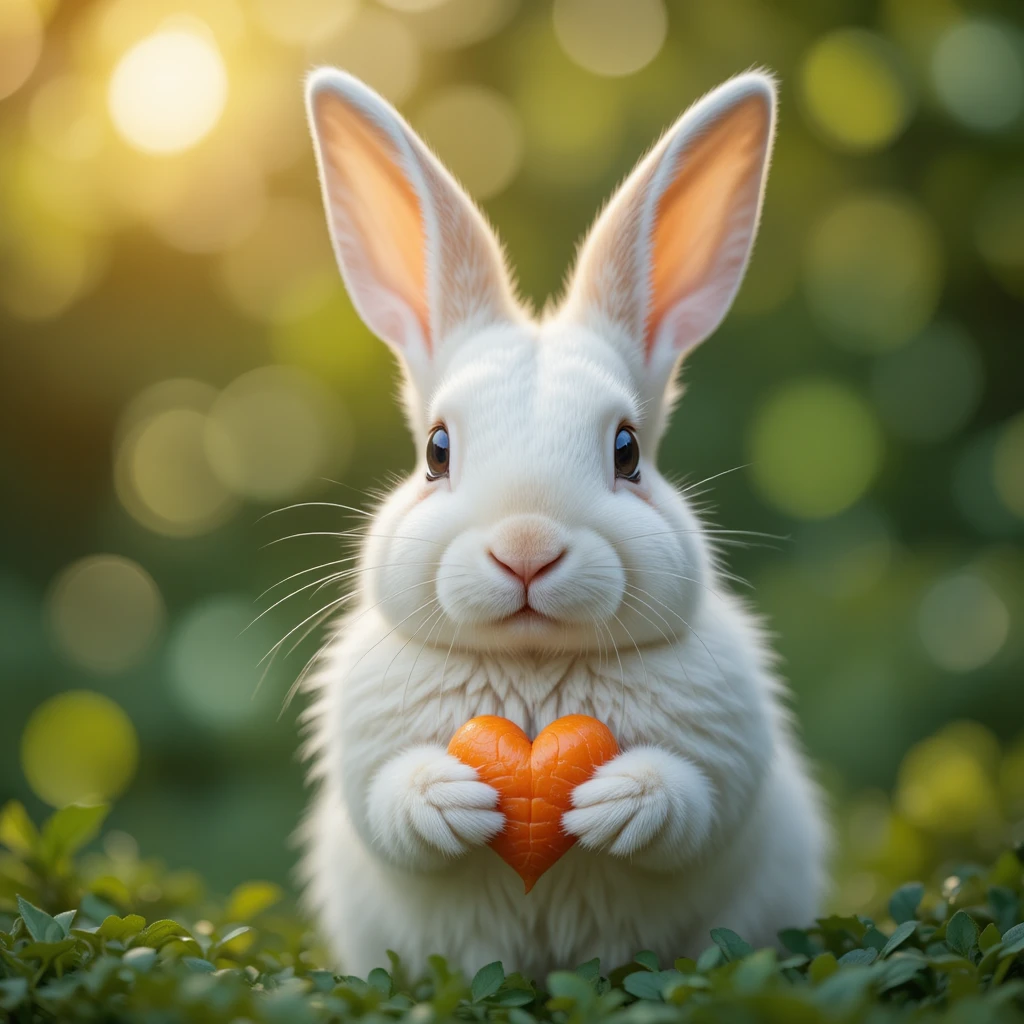 Coniglio bianco che tiene una carota a forma di cuore in primo piano