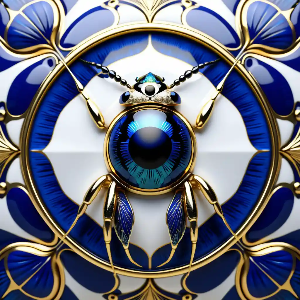 Araña azul y blanca ornamentada con detalles de porcelana dorada
