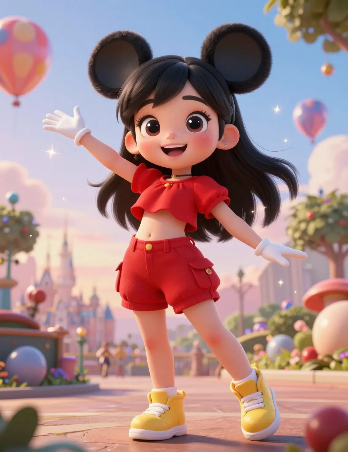 ファンタジーな公園で赤い衣装を着た喜びに満ちた中性的キャラクター