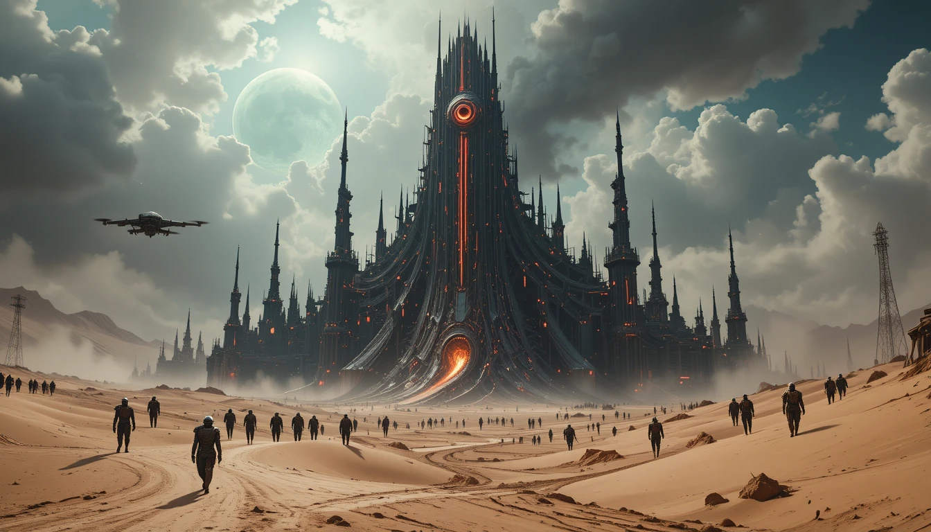 Fortaleza cyberpunk dominando um ermo derretido sob um céu vermelho