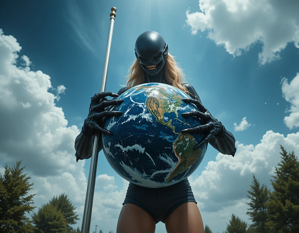Femme blonde en short en jean levantant un mât de drapeau en plein air