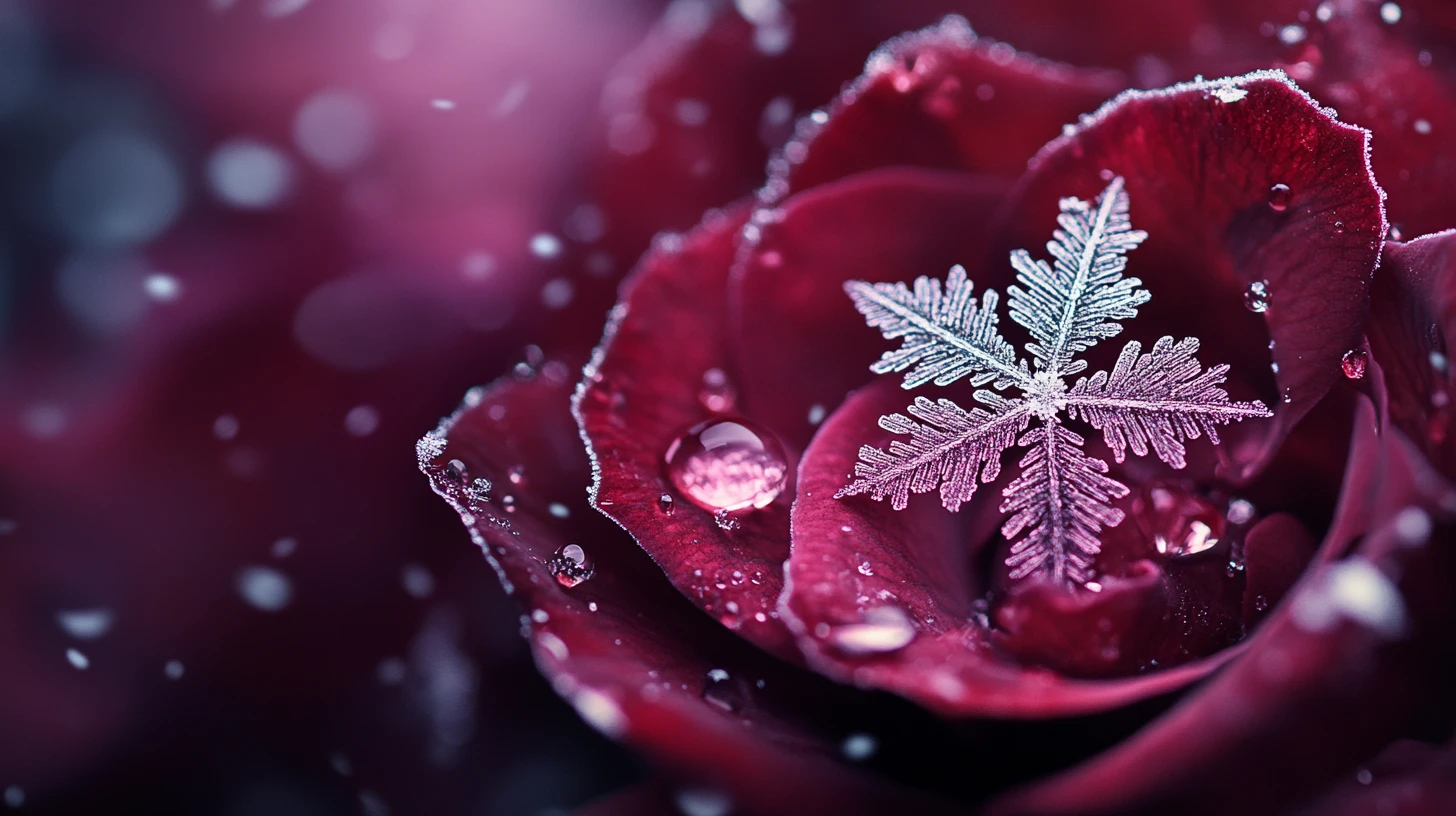 奇幻場景中暗色冰封玫瑰花瓣上的微距雪花