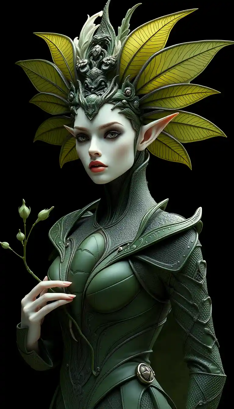 Alien fairy woman with biomorphic insect crown portrait