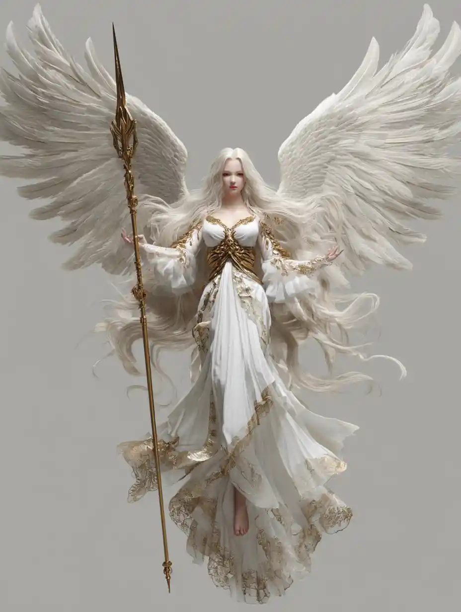 Angelic woman with wings holding a golden spear