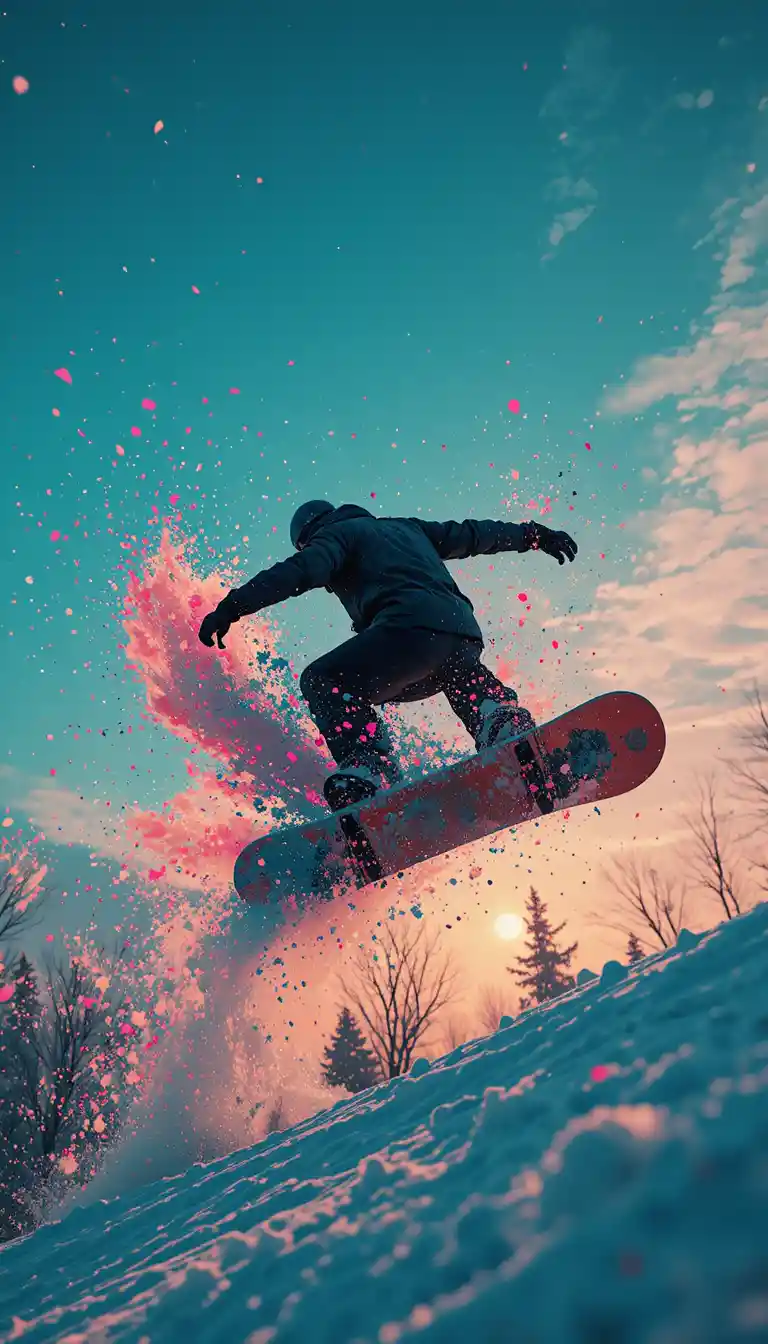 Snowboarder-Corkspin, der in malerische Bewegung im Zwielichthimmel explodiert