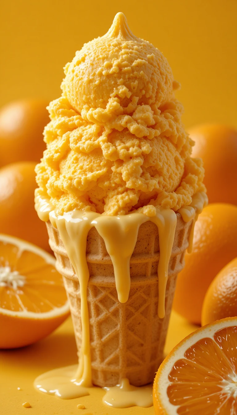 Cono gelato all’arancia che si scioglie con fette di arancia fresca