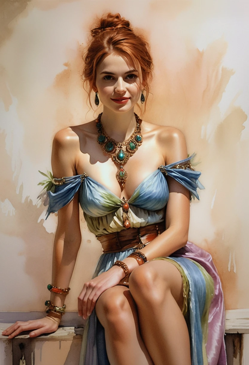 Mujer pelirroja soñadora en retrato impresionista en tonos pastel
