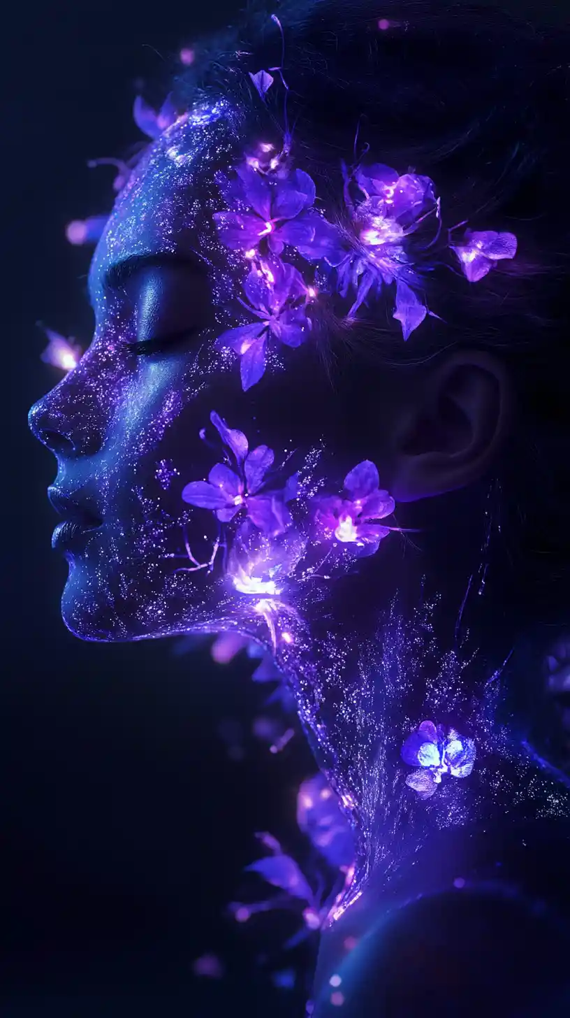Donna bioluminescente di profilo con fiori viola luminosi
